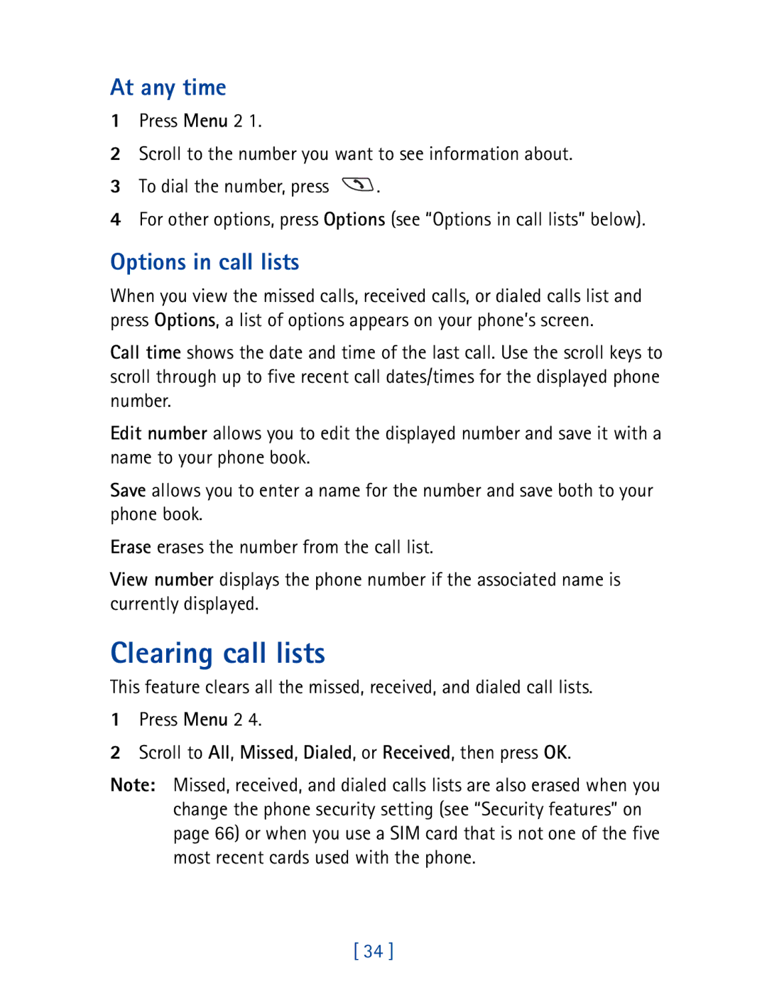 Nokia 8850 owner manual Clearing call lists, At any time, Options in call lists 