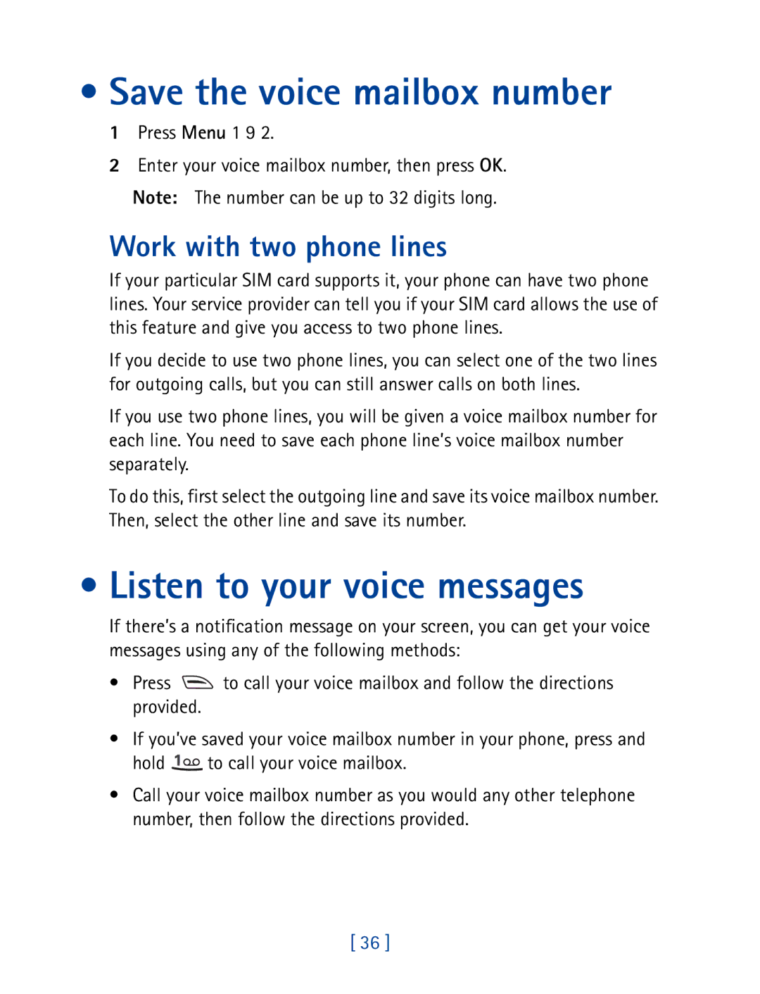 Nokia 8850 owner manual Save the voice mailbox number, Listen to your voice messages, Work with two phone lines 