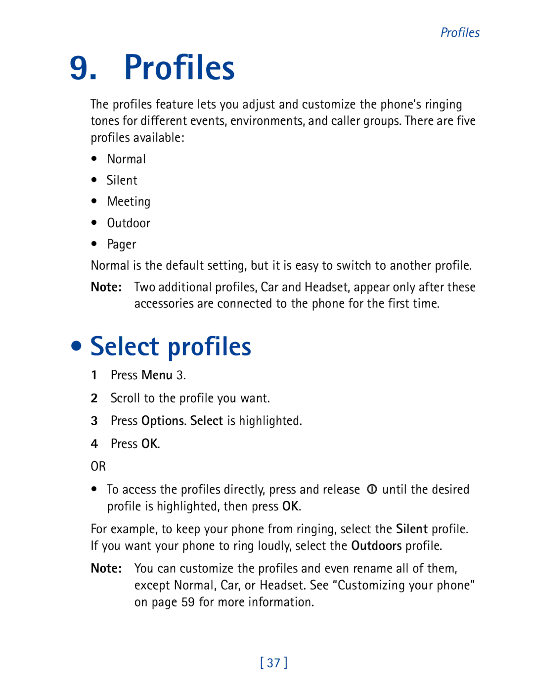 Nokia 8850 owner manual Profiles, Select profiles 