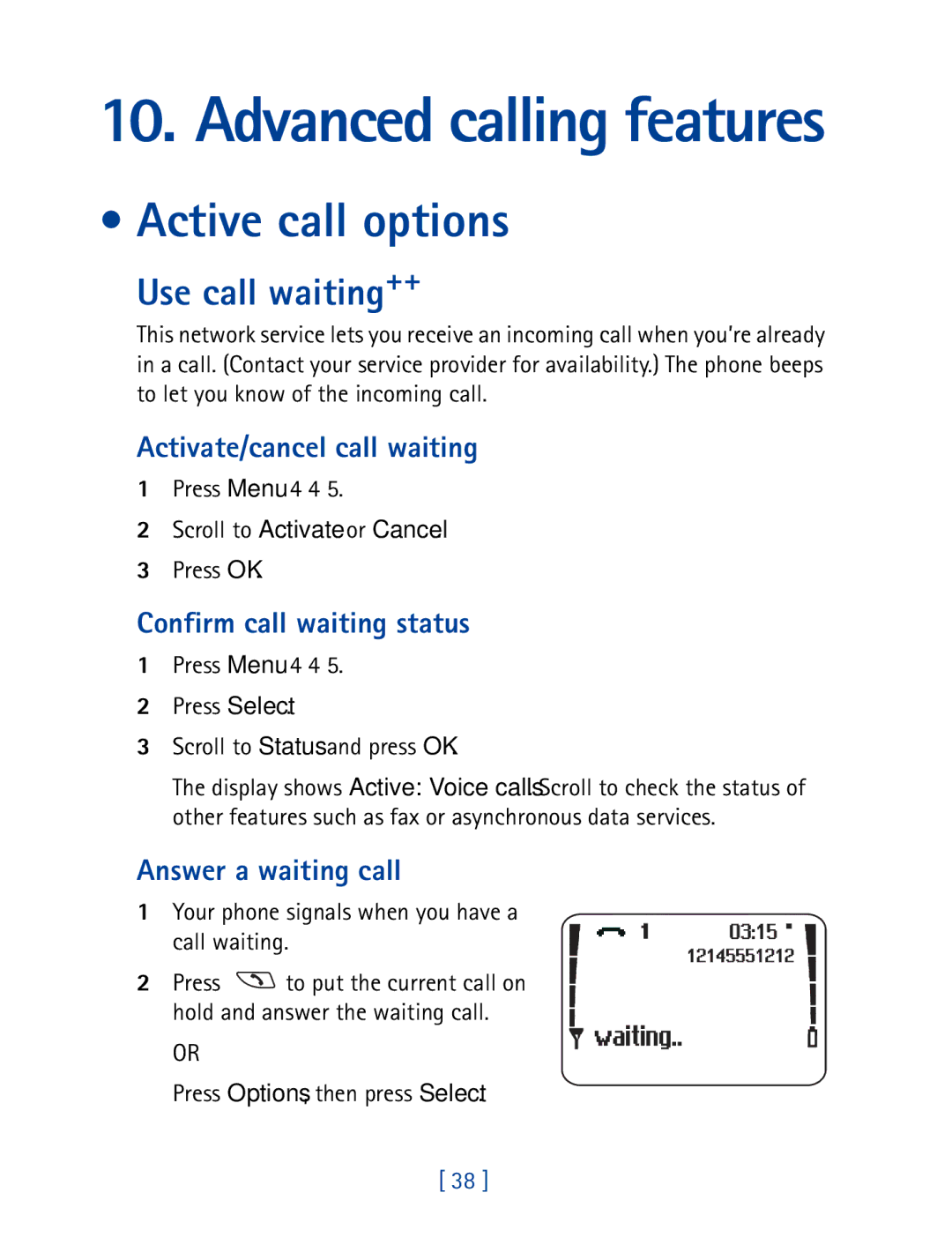 Nokia 8850 owner manual Active call options, Use call waiting++, Activate/cancel call waiting, Confirm call waiting status 