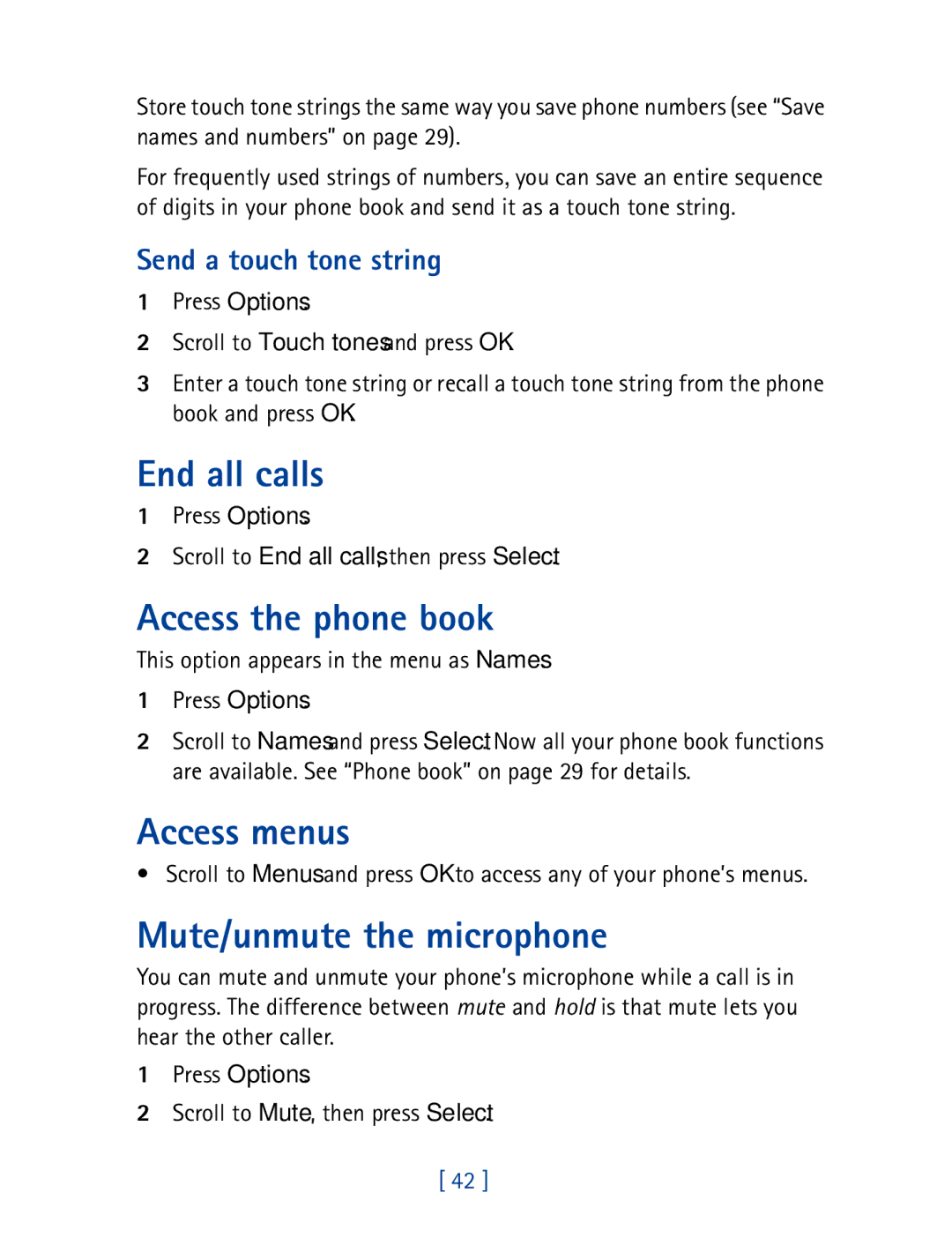 Nokia 8850 End all calls, Access the phone book, Access menus, Mute/unmute the microphone, Send a touch tone string 