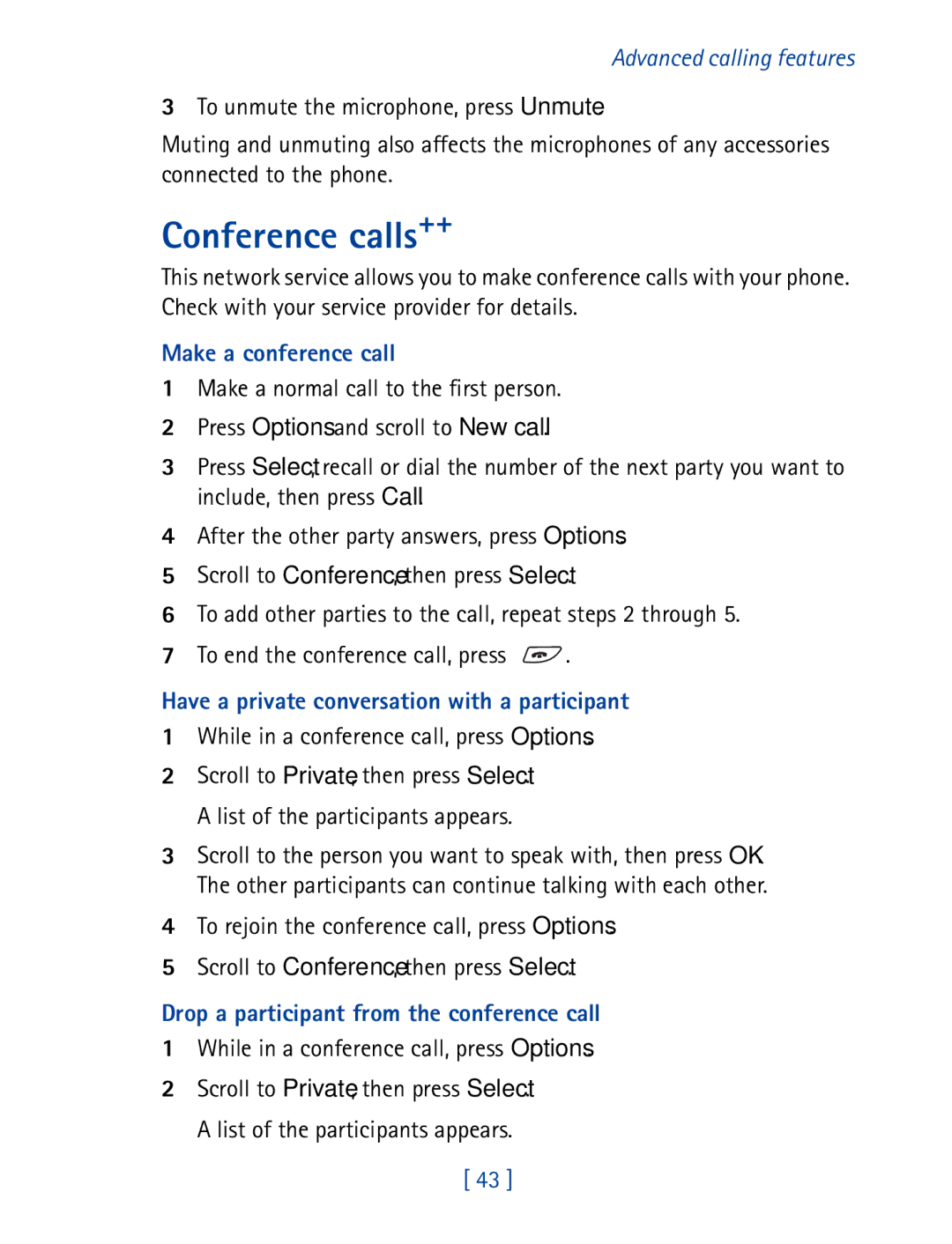 Nokia 8850 owner manual Conference calls++, While in a conference call, press Options 