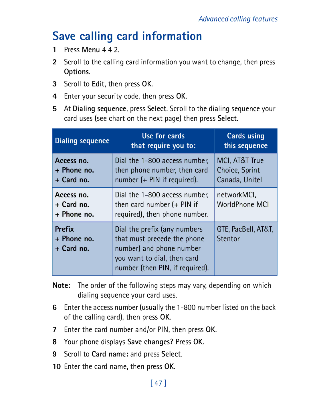 Nokia 8850 owner manual Save calling card information, Access no, + Phone no, + Card no, Prefix 