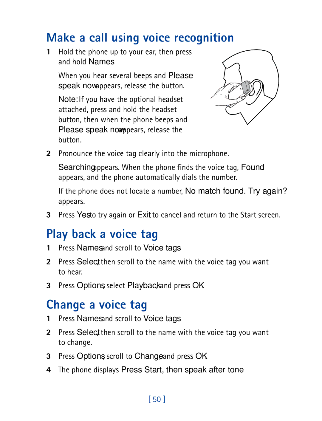 Nokia 8850 owner manual Make a call using voice recognition, Play back a voice tag, Change a voice tag 