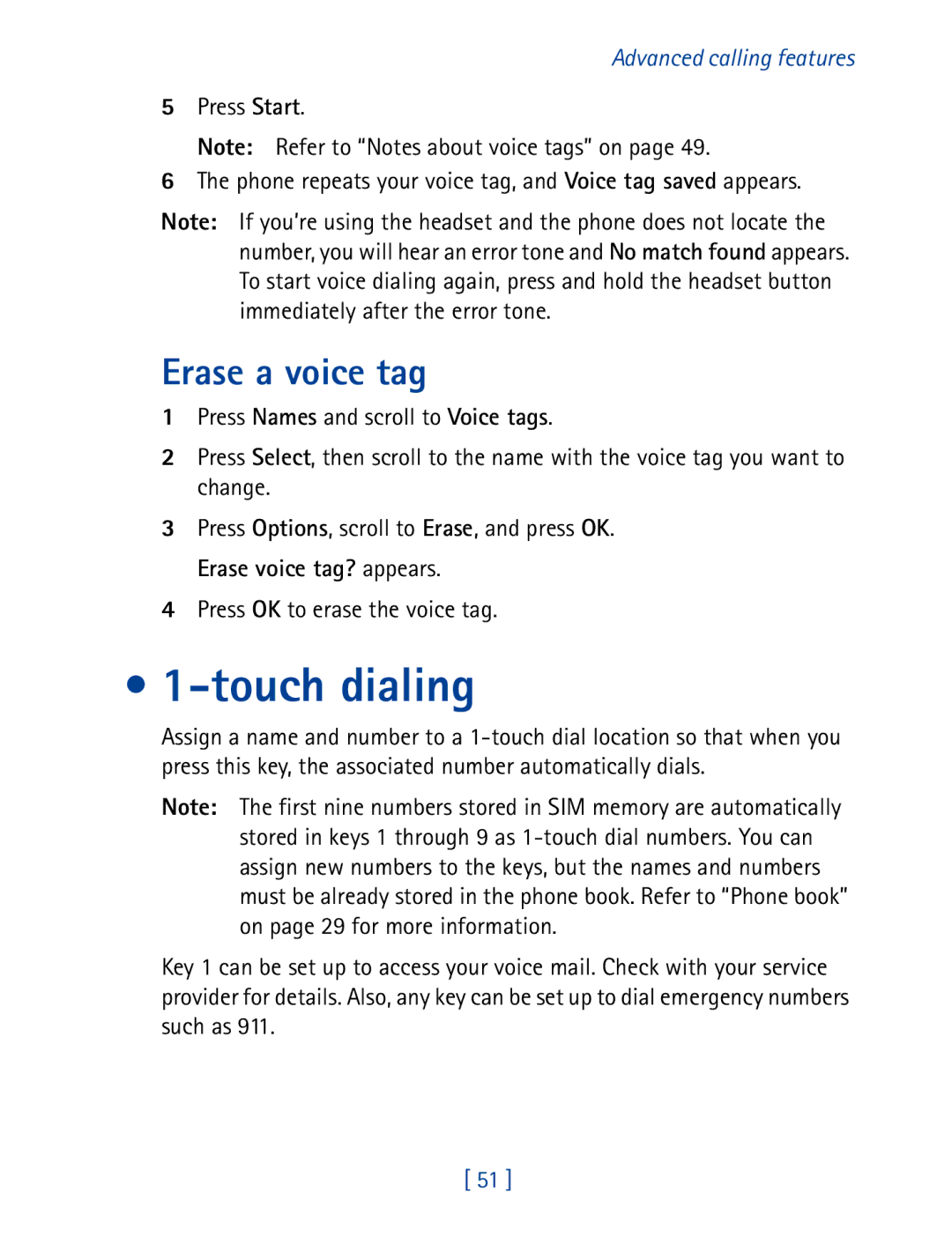 Nokia 8850 owner manual Touch dialing, Erase a voice tag 