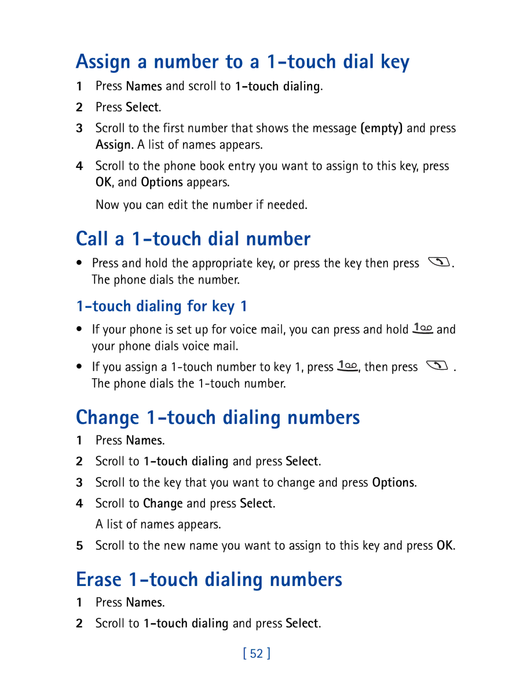 Nokia 8850 owner manual Assign a number to a 1-touch dial key, Call a 1-touch dial number, Change 1-touch dialing numbers 