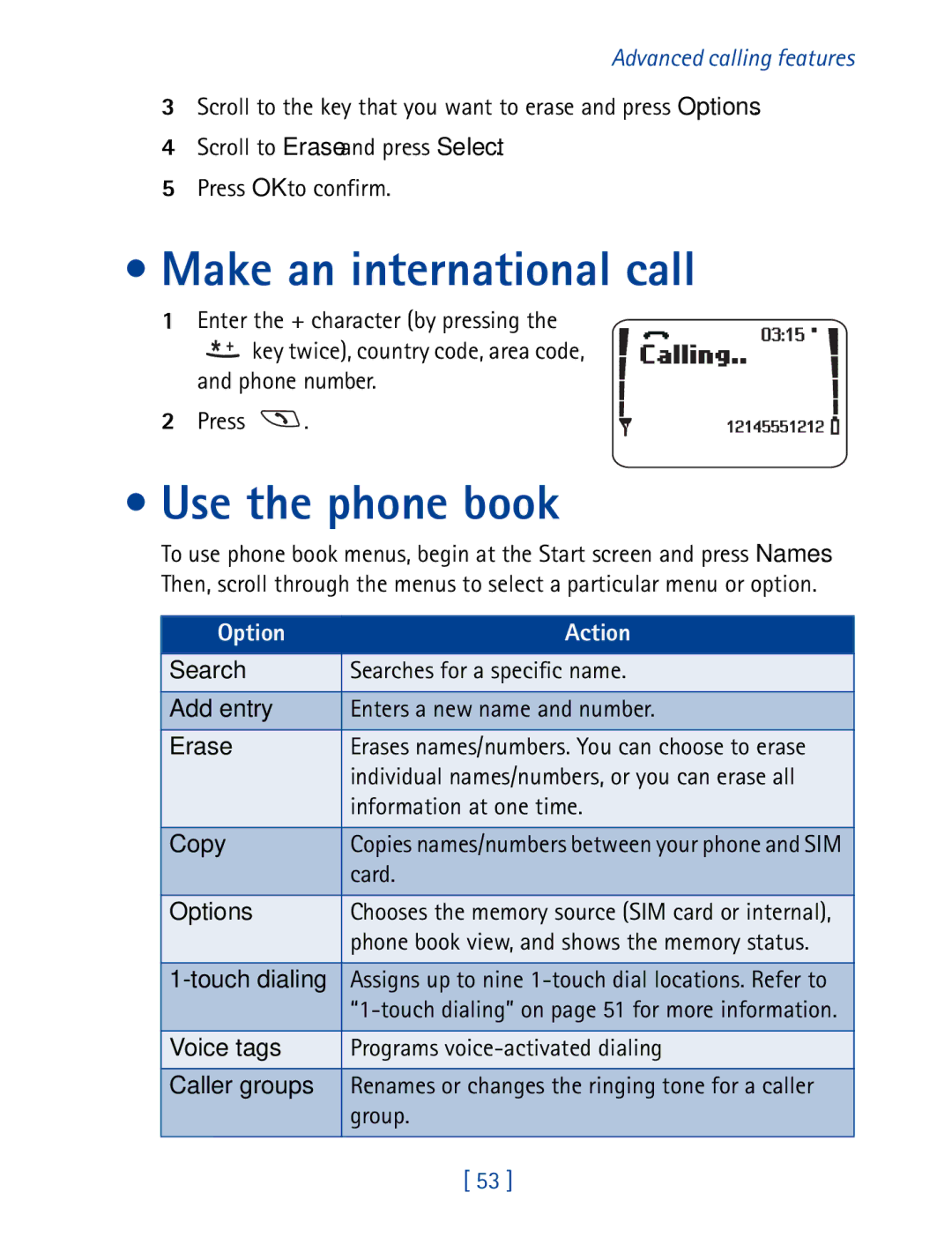 Nokia 8850 owner manual Make an international call, Use the phone book 