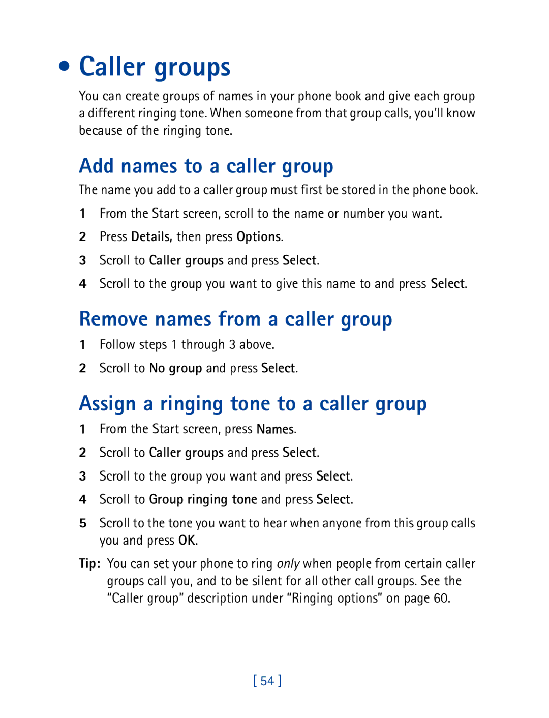 Nokia 8850 owner manual Caller groups, Add names to a caller group, Remove names from a caller group 