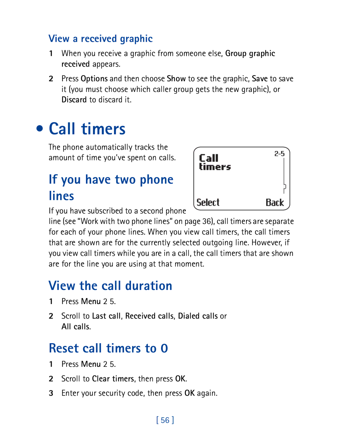 Nokia 8850 Call timers, If you have two phone lines, View the call duration, Reset call timers to, View a received graphic 