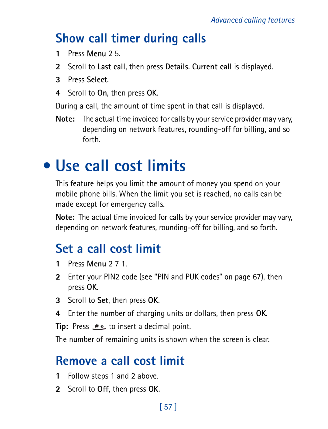 Nokia 8850 owner manual Use call cost limits, Show call timer during calls, Set a call cost limit, Remove a call cost limit 