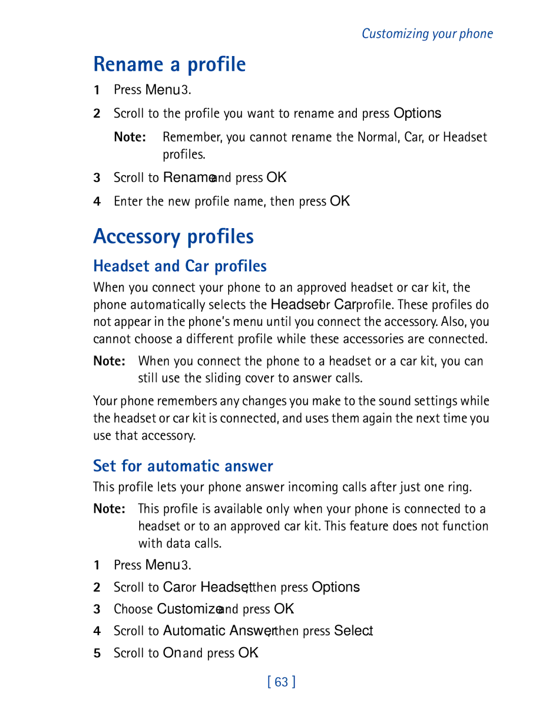 Nokia 8850 owner manual Rename a profile, Accessory profiles, Headset and Car profiles, Set for automatic answer 