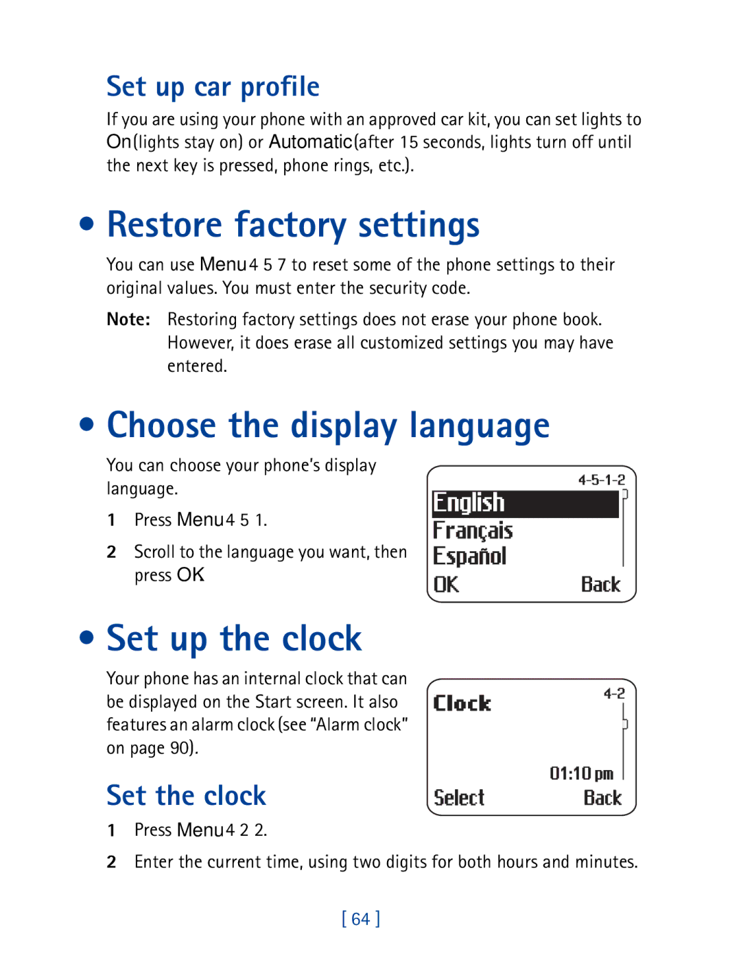 Nokia 8850 Restore factory settings, Choose the display language, Set up the clock, Set up car profile, Set the clock 