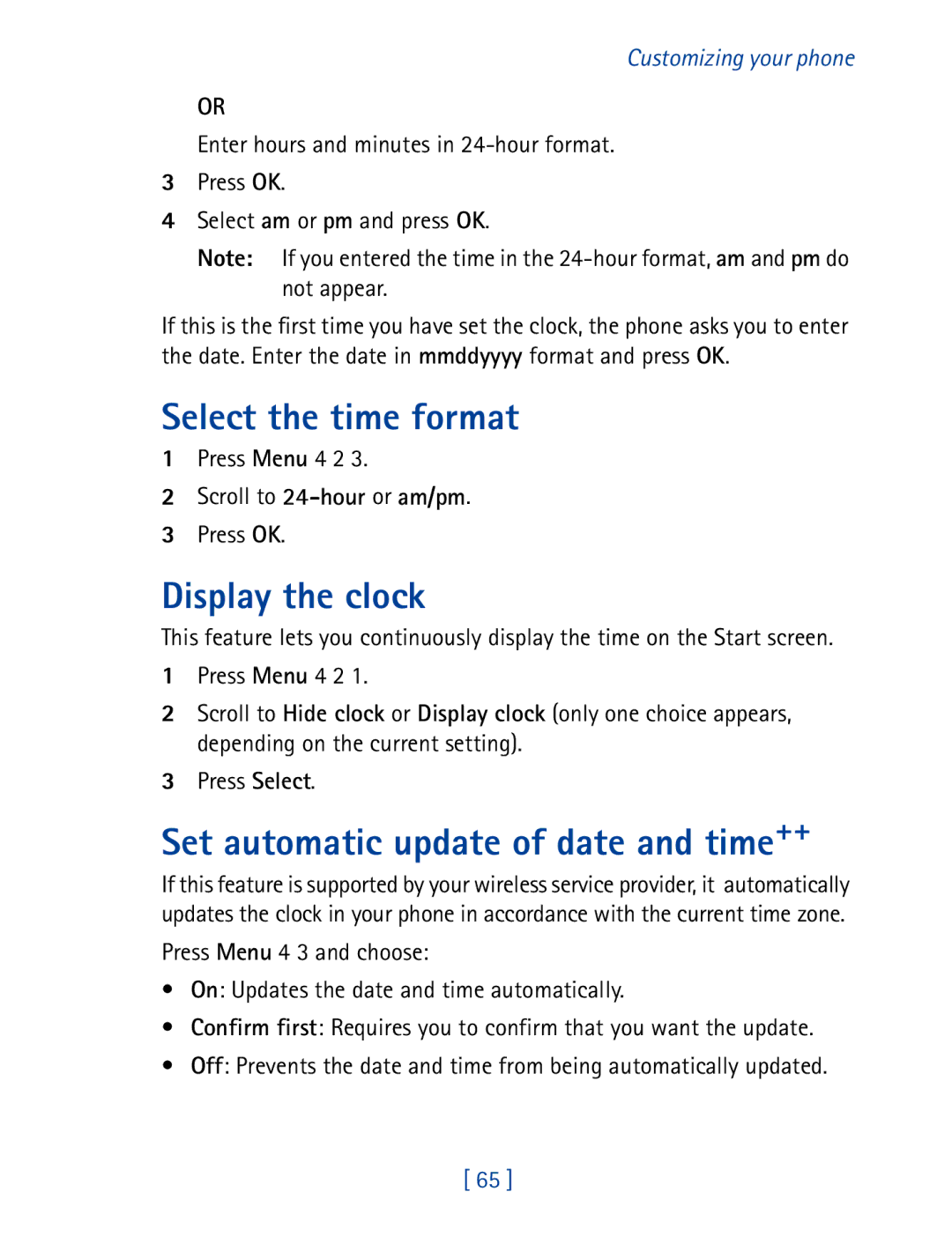 Nokia 8850 owner manual Select the time format, Display the clock, Set automatic update of date and time++ 