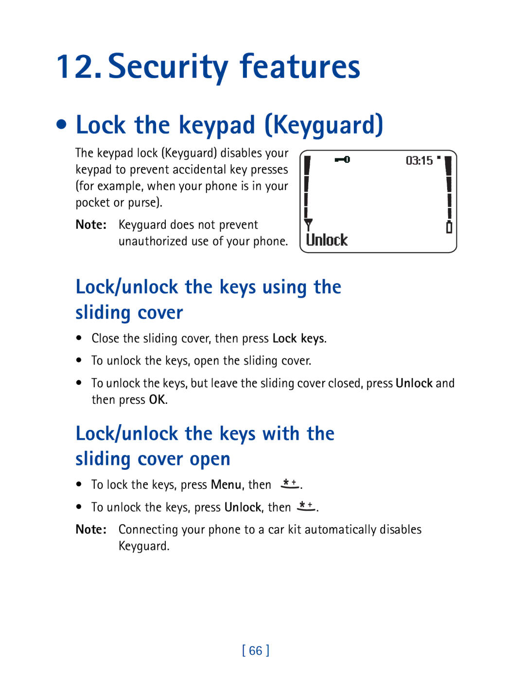 Nokia 8850 owner manual Security features, Lock the keypad Keyguard, Lock/unlock the keys using the sliding cover 