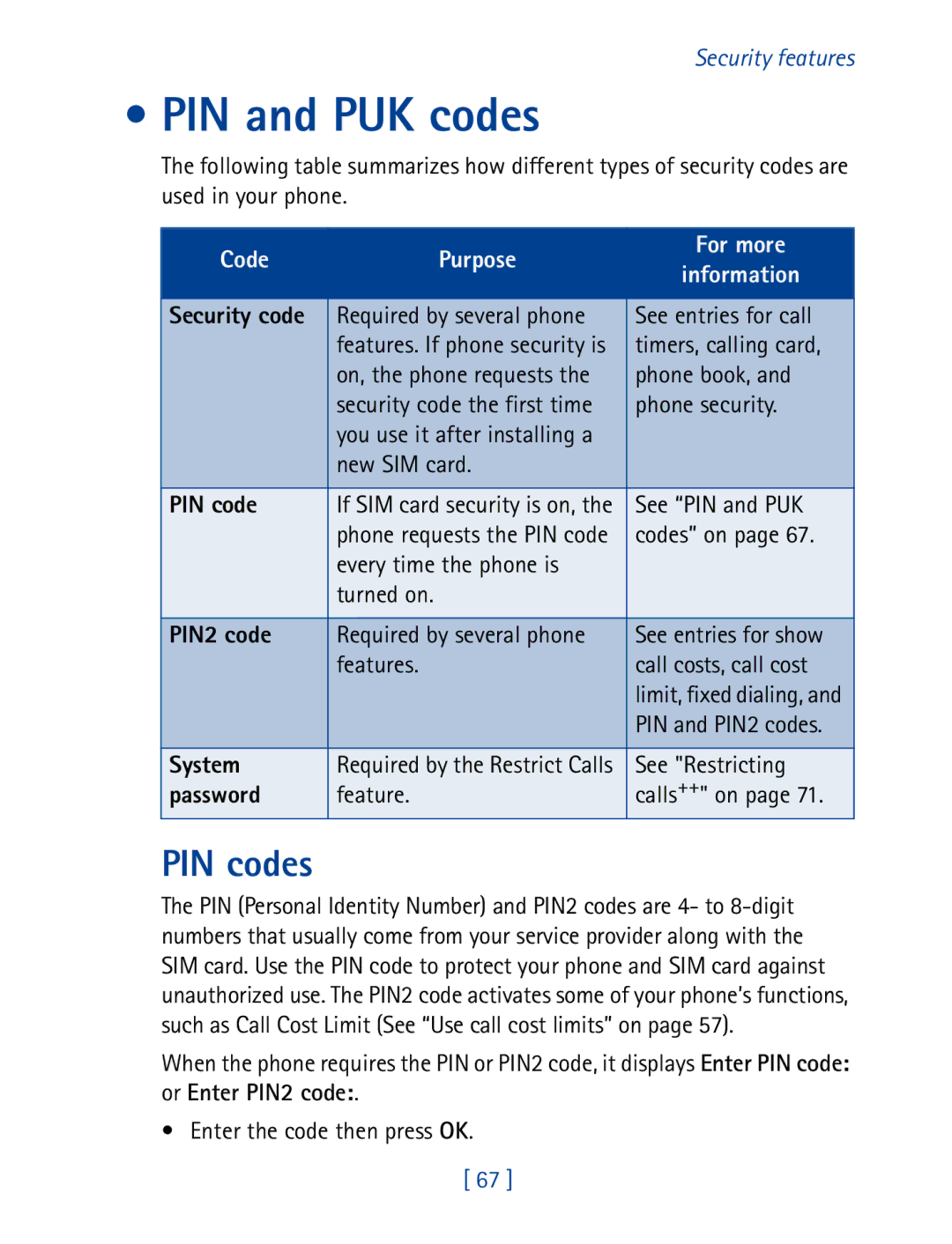 Nokia 8850 owner manual PIN and PUK codes, PIN codes 