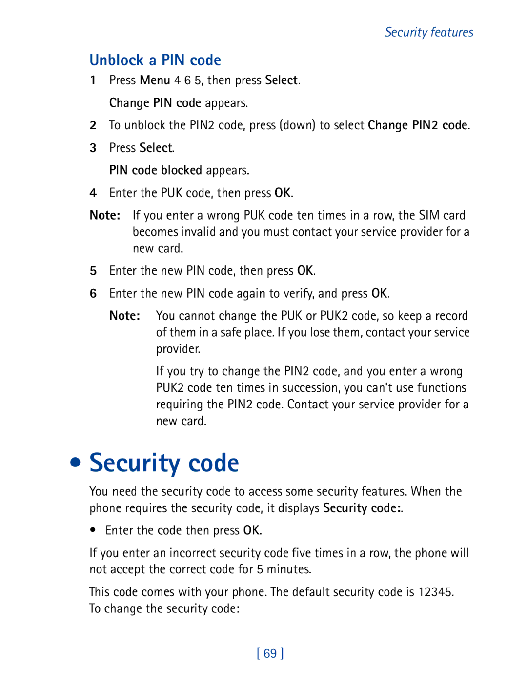 Nokia 8850 owner manual Security code, Unblock a PIN code, PIN code blocked appears 
