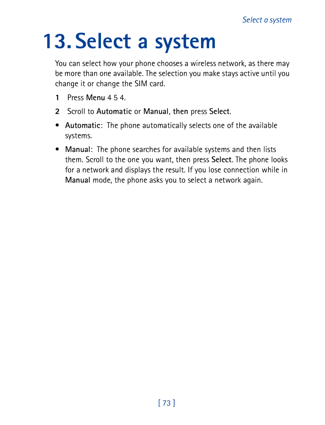 Nokia 8850 owner manual Select a system, Scroll to Automatic or Manual, then press Select 