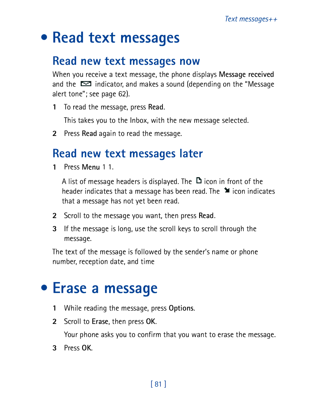 Nokia 8850 owner manual Read text messages, Erase a message, Read new text messages now, Read new text messages later 