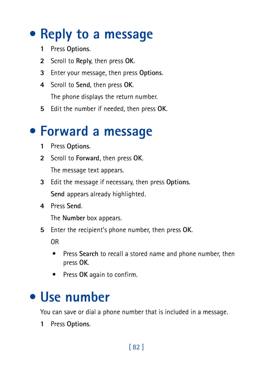 Nokia 8850 owner manual Reply to a message, Forward a message, Use number 