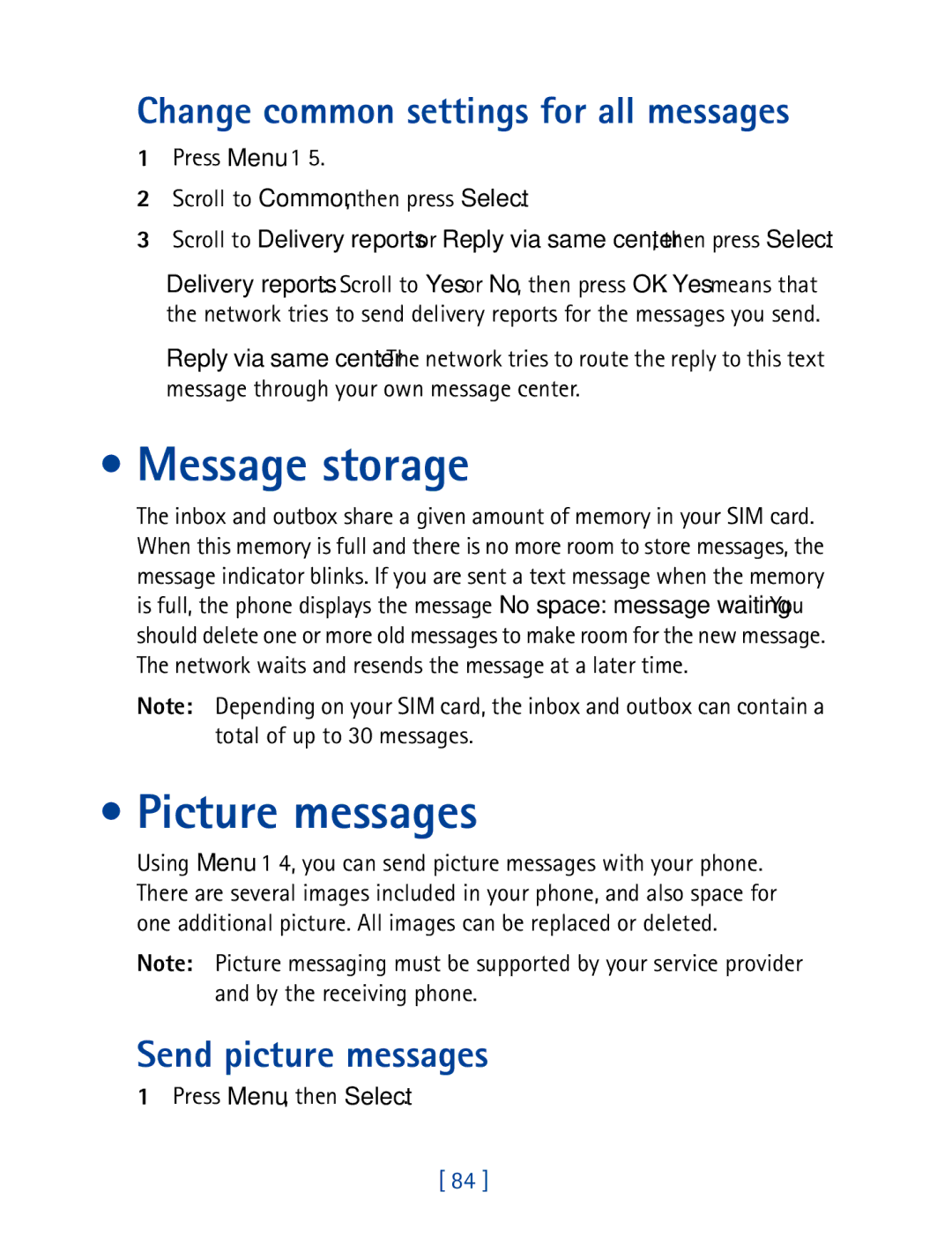 Nokia 8850 owner manual Message storage, Picture messages, Change common settings for all messages, Send picture messages 