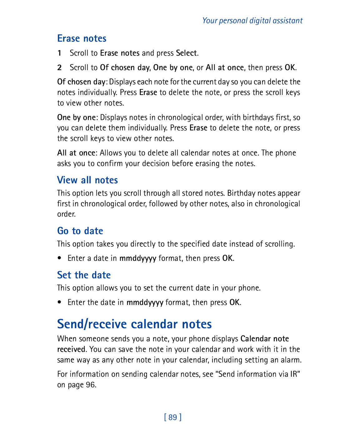 Nokia 8850 owner manual Send/receive calendar notes, Erase notes, View all notes, Go to date, Set the date 