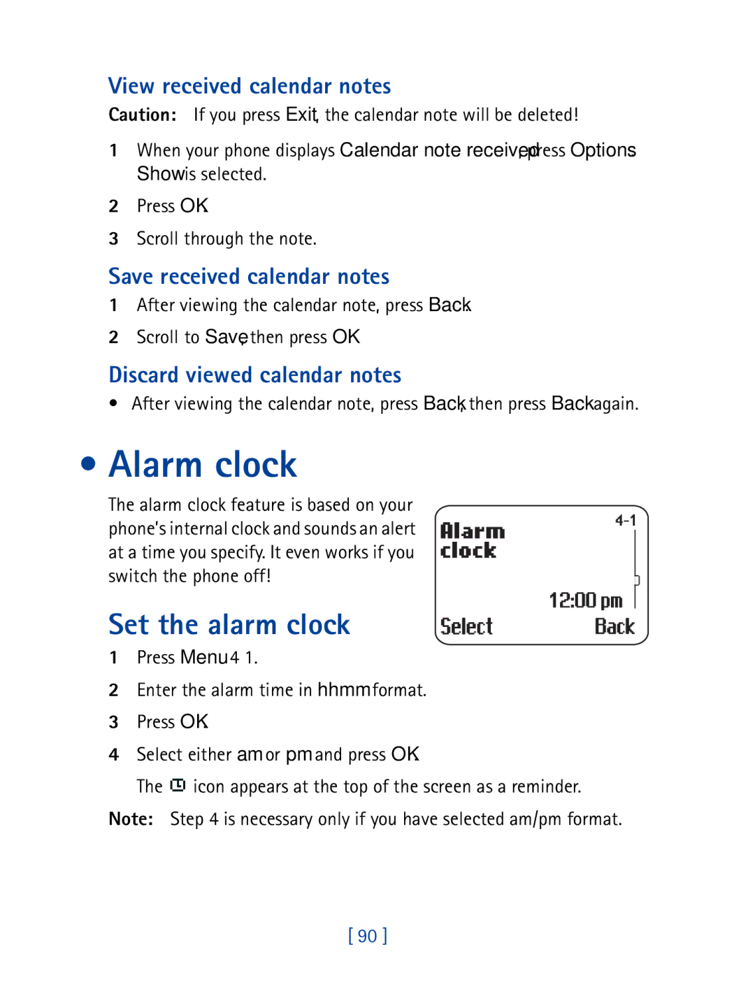 Nokia 8850 owner manual Alarm clock, Set the alarm clock, View received calendar notes, Save received calendar notes 