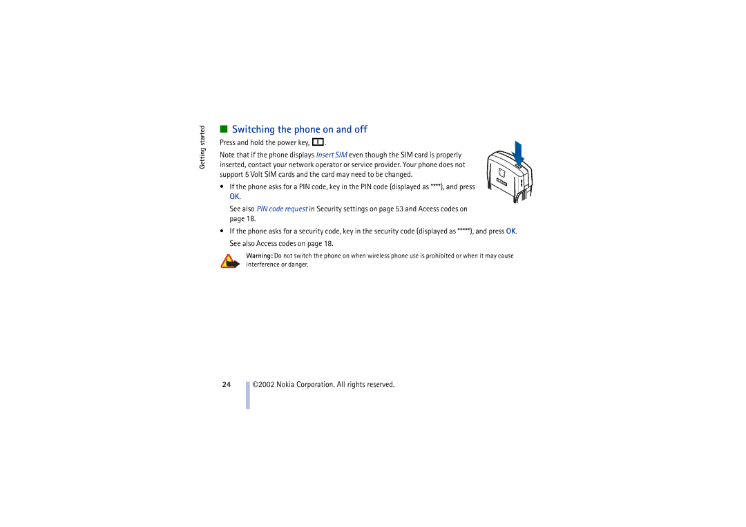 Nokia 8910 manual Switching the phone on and off 