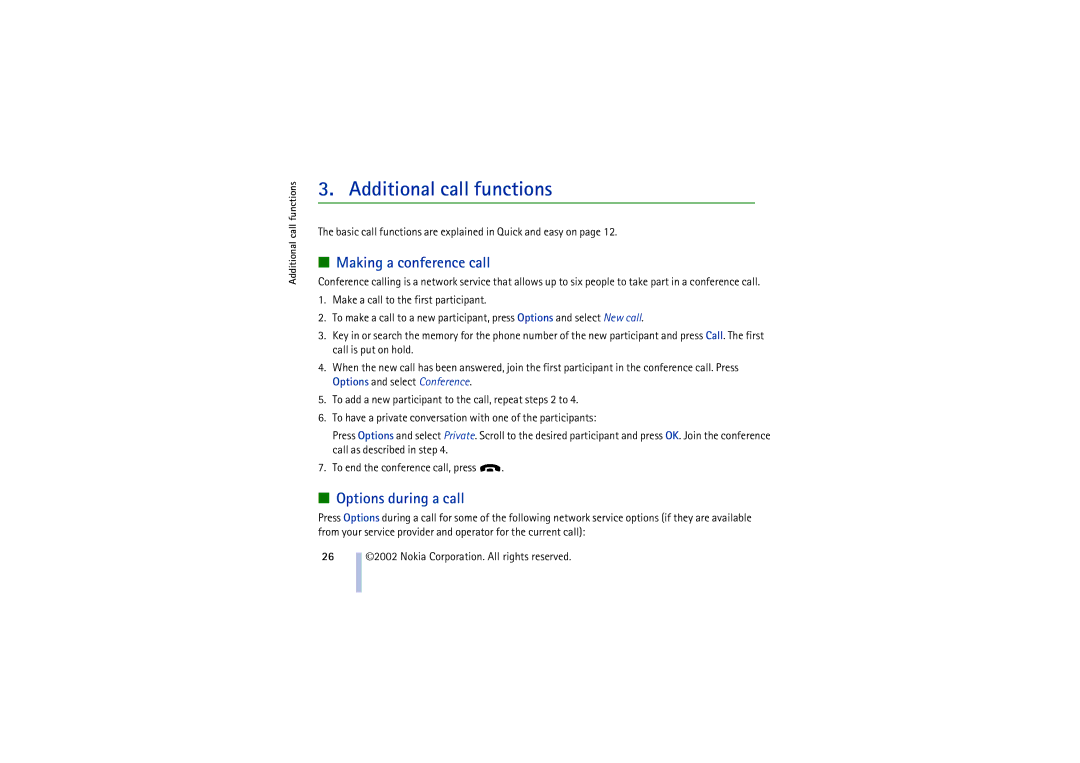 Nokia 8910 manual Additional call functions, Making a conference call, Options during a call 