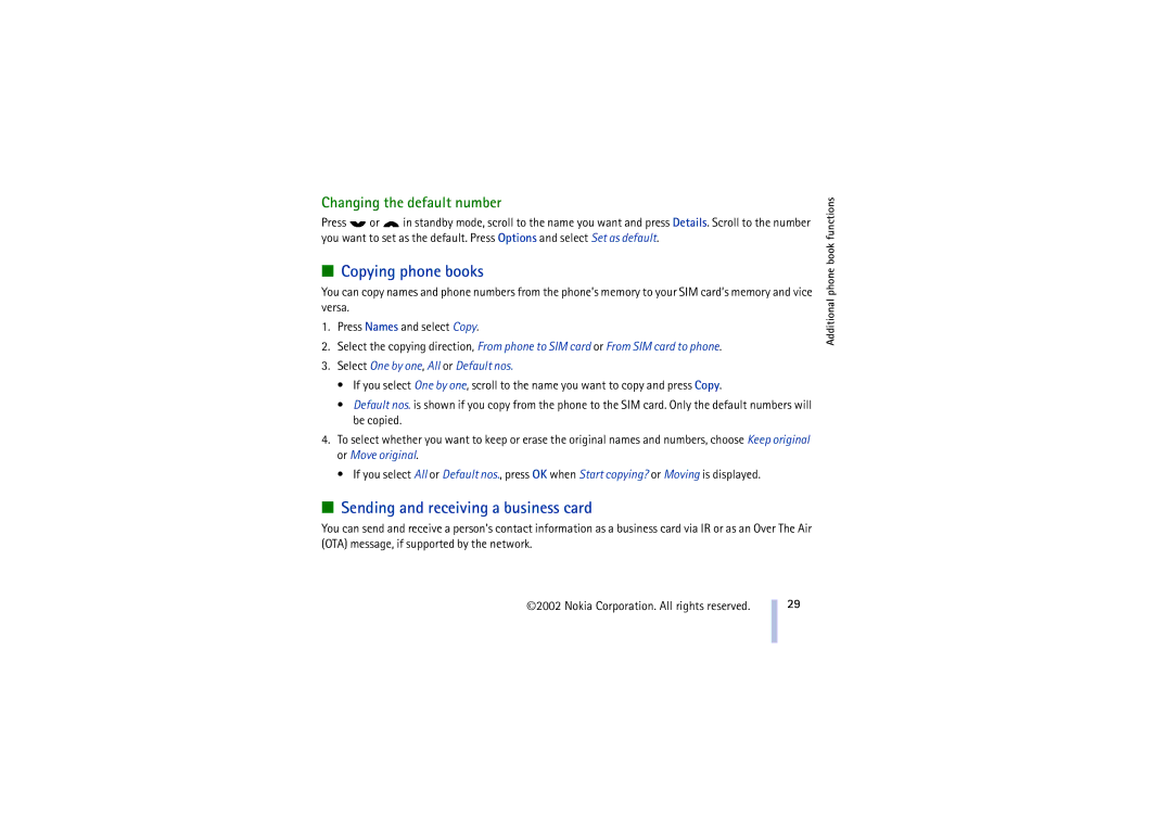 Nokia 8910 manual Copying phone books, Sending and receiving a business card, Changing the default number 