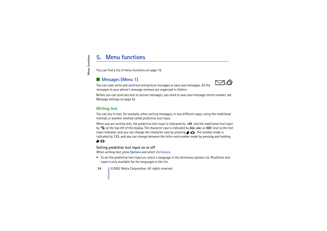 Nokia 8910 manual Menu functions, Messages Menu, Writing text, Setting predictive text input on or off 