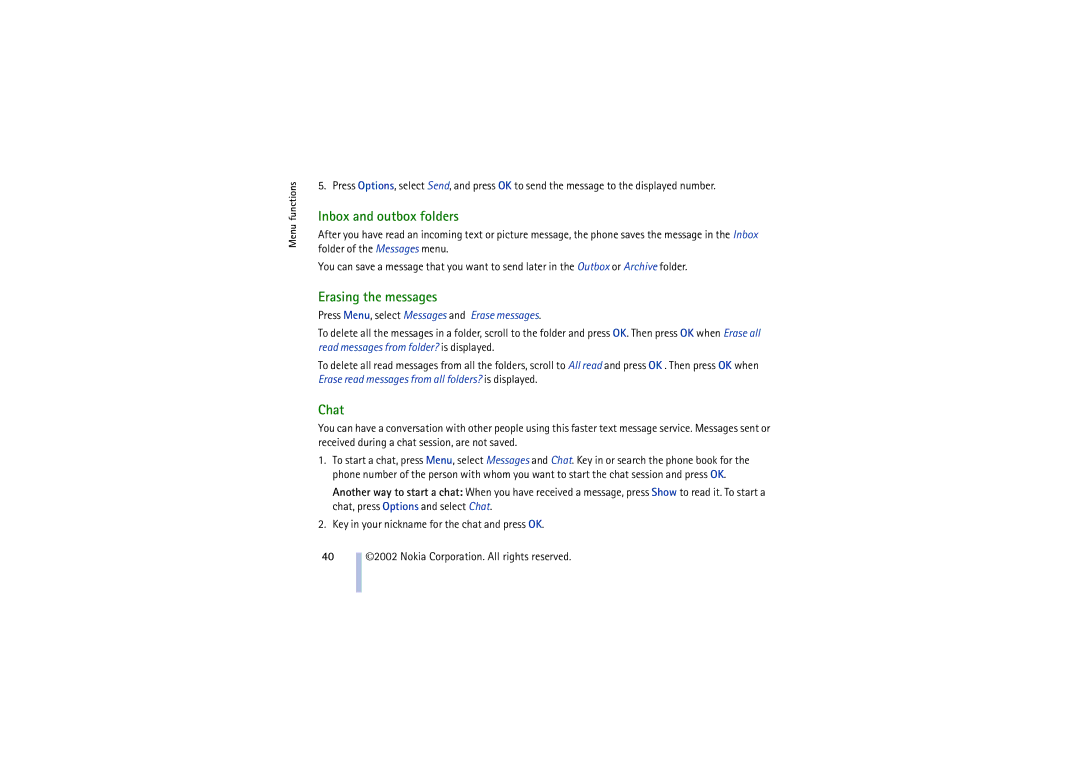 Nokia 8910 manual Inbox and outbox folders, Erasing the messages, Chat, Press Menu, select Messages and Erase messages 