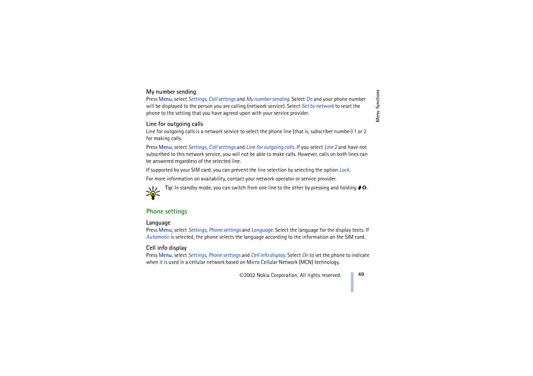 Nokia 8910 manual Phone settings, My number sending, Line for outgoing calls, Language, Cell info display 