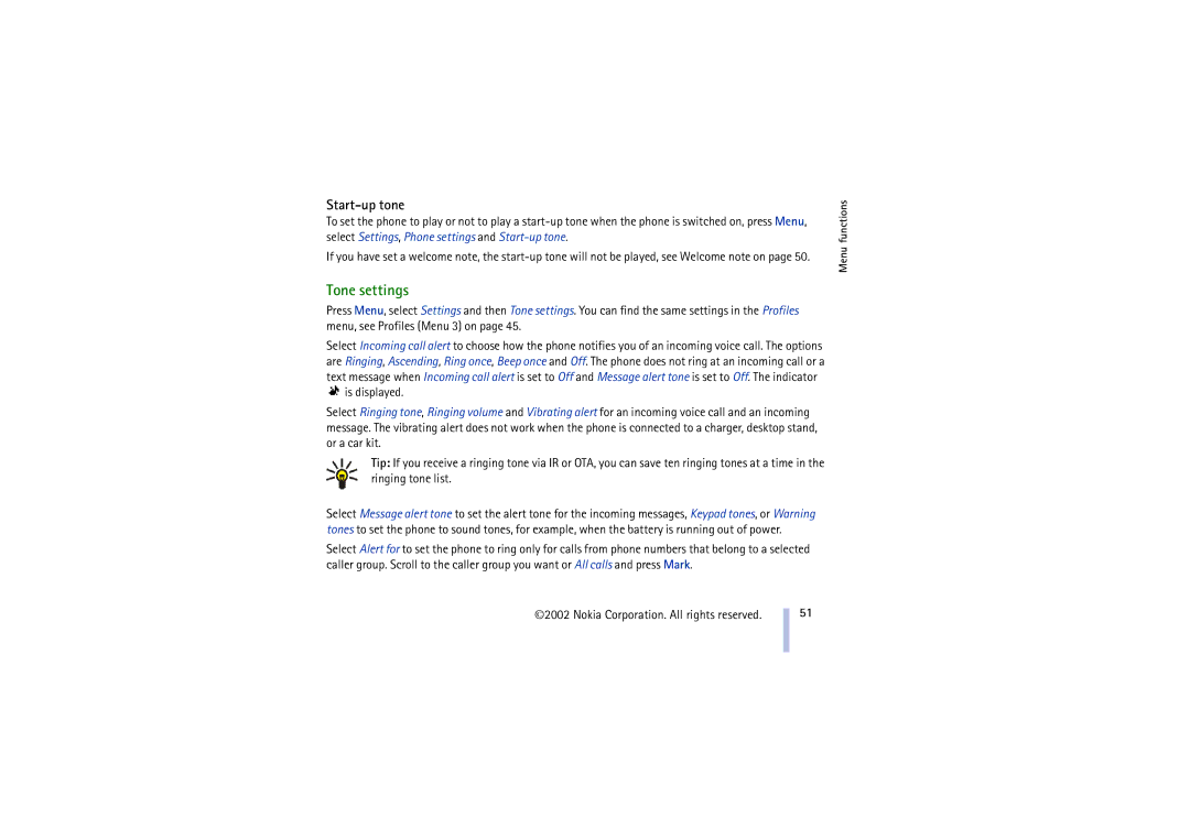 Nokia 8910 manual Tone settings, Start-up tone 