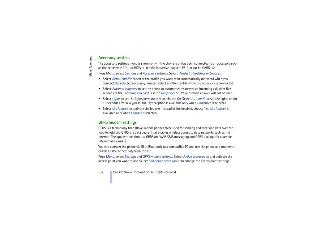 Nokia 8910 manual Accessory settings, Gprs modem settings 