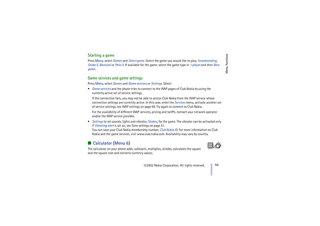 Nokia 8910 manual Calculator Menu, Starting a game, Game services and game settings 