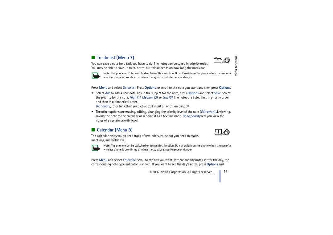 Nokia 8910 manual To-do list Menu, Calendar Menu 