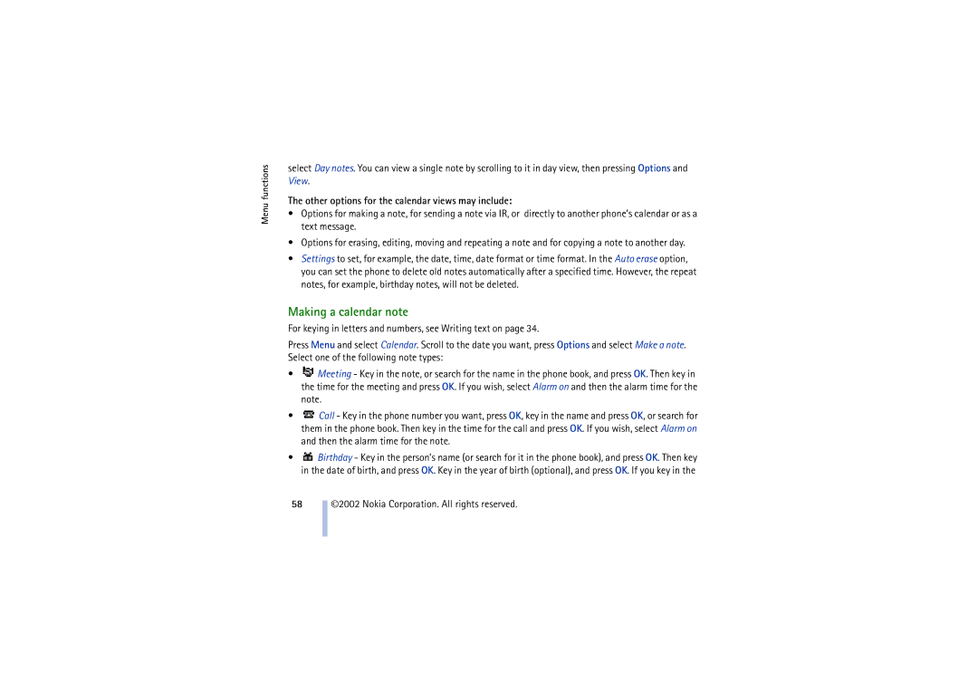 Nokia 8910 manual Making a calendar note, View, Other options for the calendar views may include 