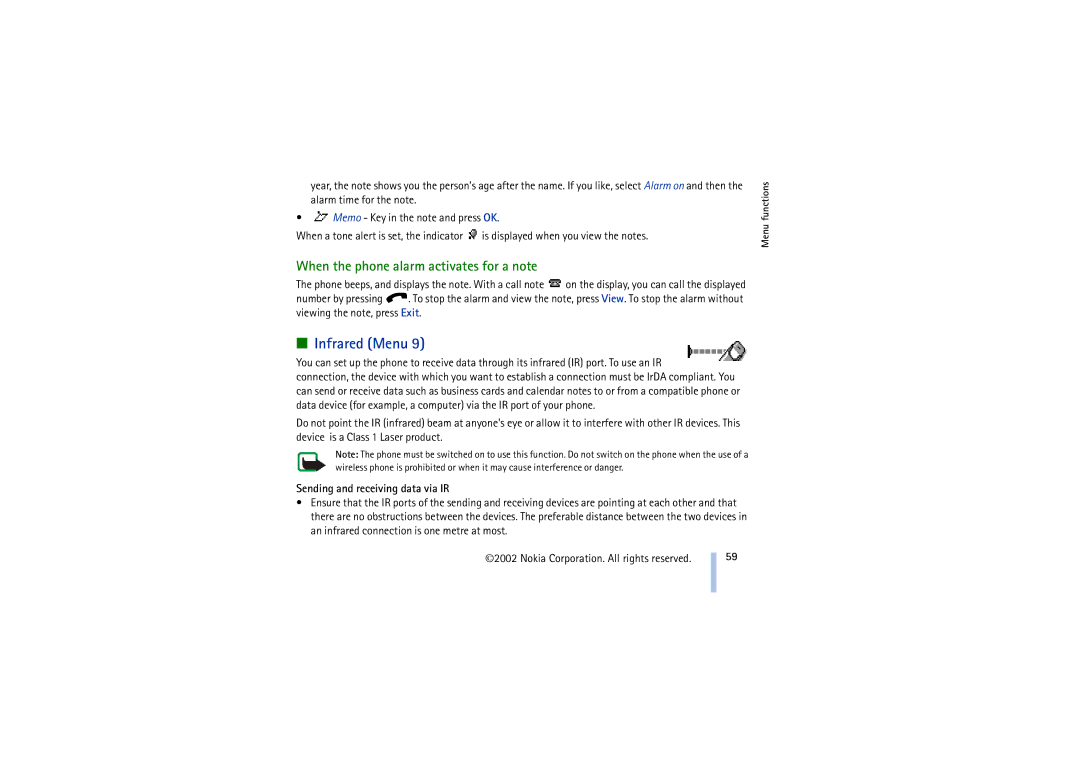 Nokia 8910 manual Infrared Menu, When the phone alarm activates for a note, Sending and receiving data via IR 