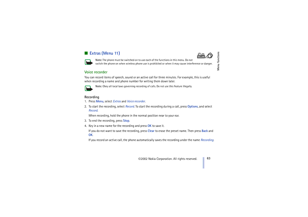 Nokia 8910 manual Extras Menu, Recording, Press Menu, select Extras and Voice recorder 