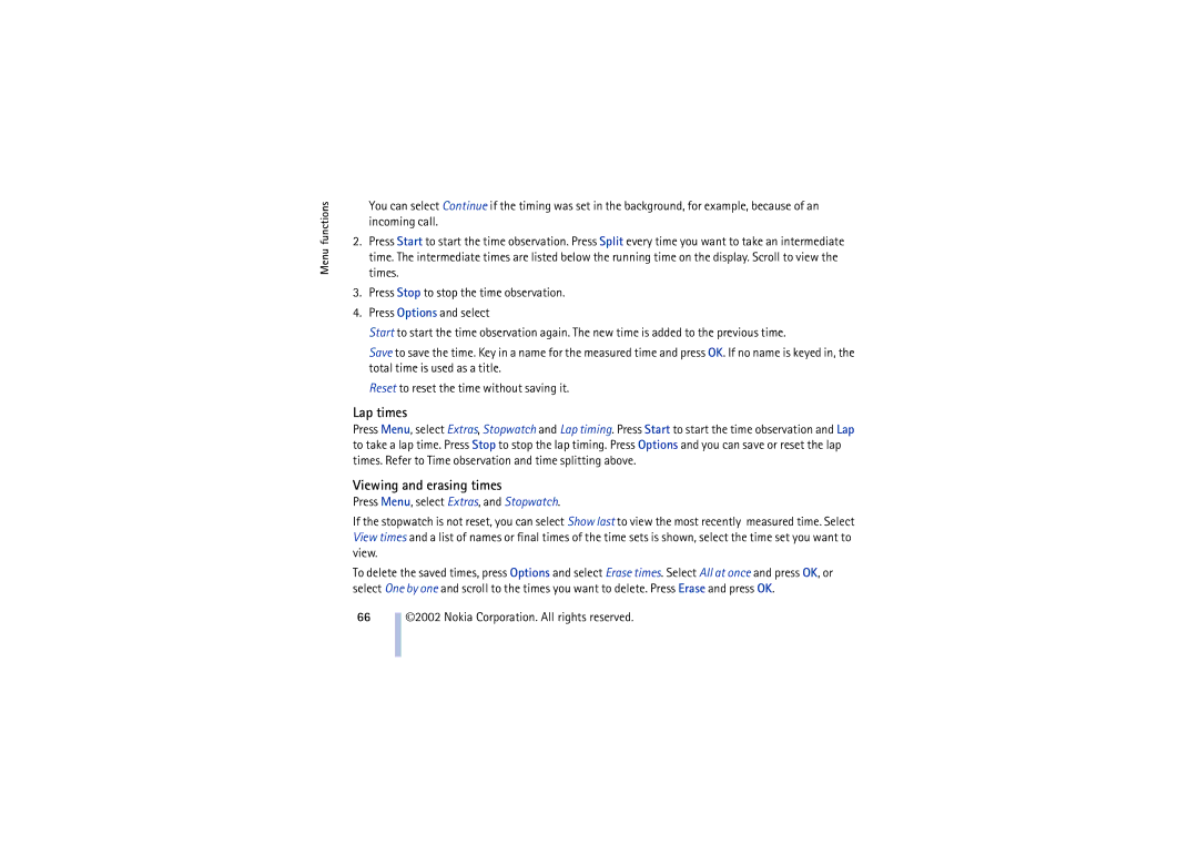 Nokia 8910 manual Lap times, Viewing and erasing times, 66 2002 Nokia Corporation. All rights reserved 