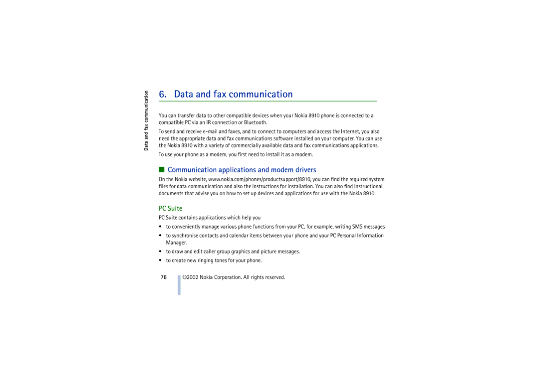Nokia 8910 manual Data and fax communication, Communication applications and modem drivers, PC Suite 