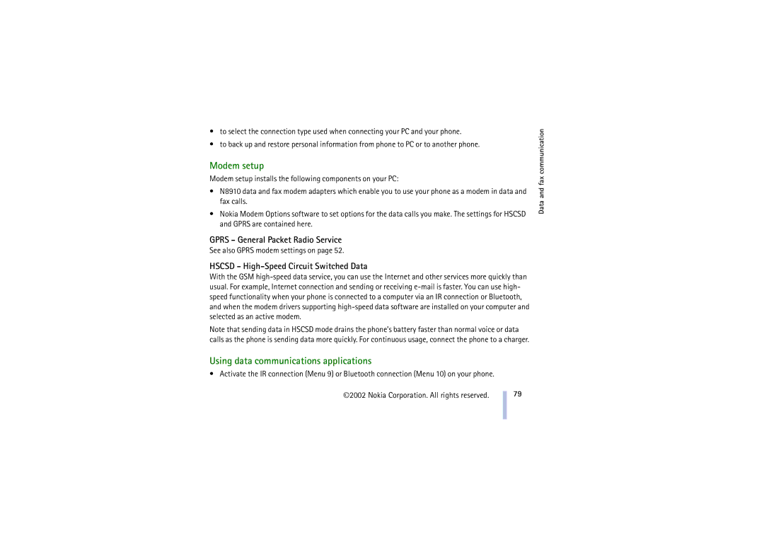 Nokia 8910 manual Modem setup, Using data communications applications, Gprs General Packet Radio Service 