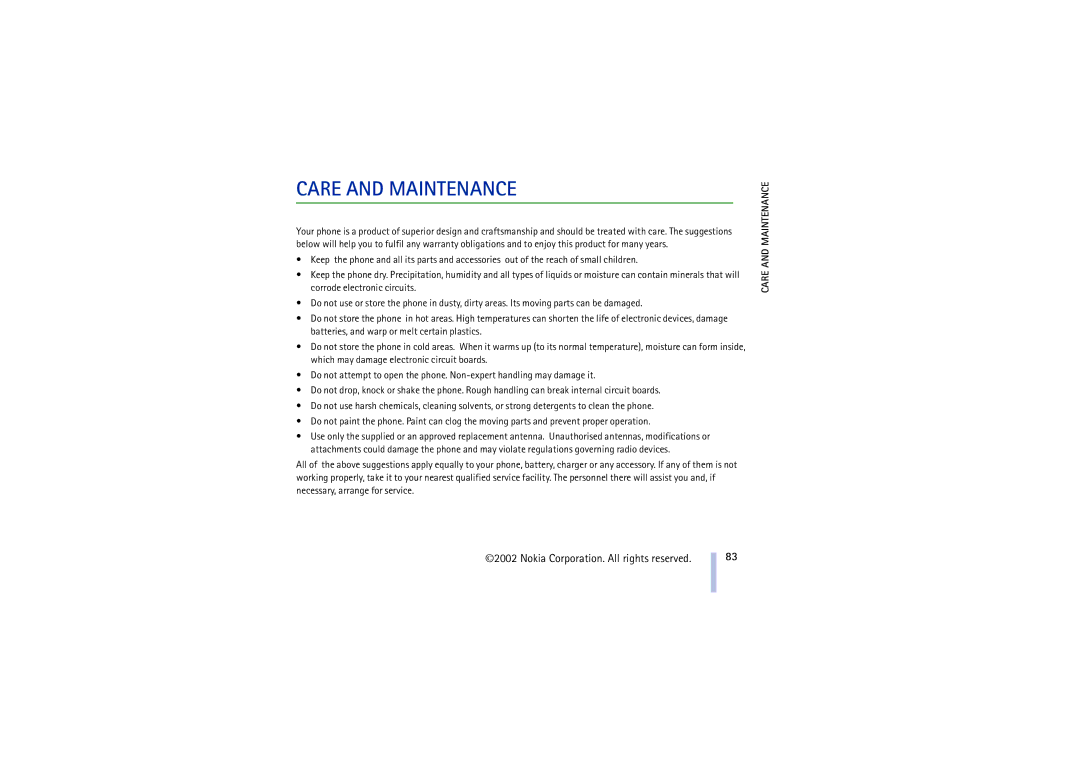 Nokia 8910 manual Care and Maintenance 