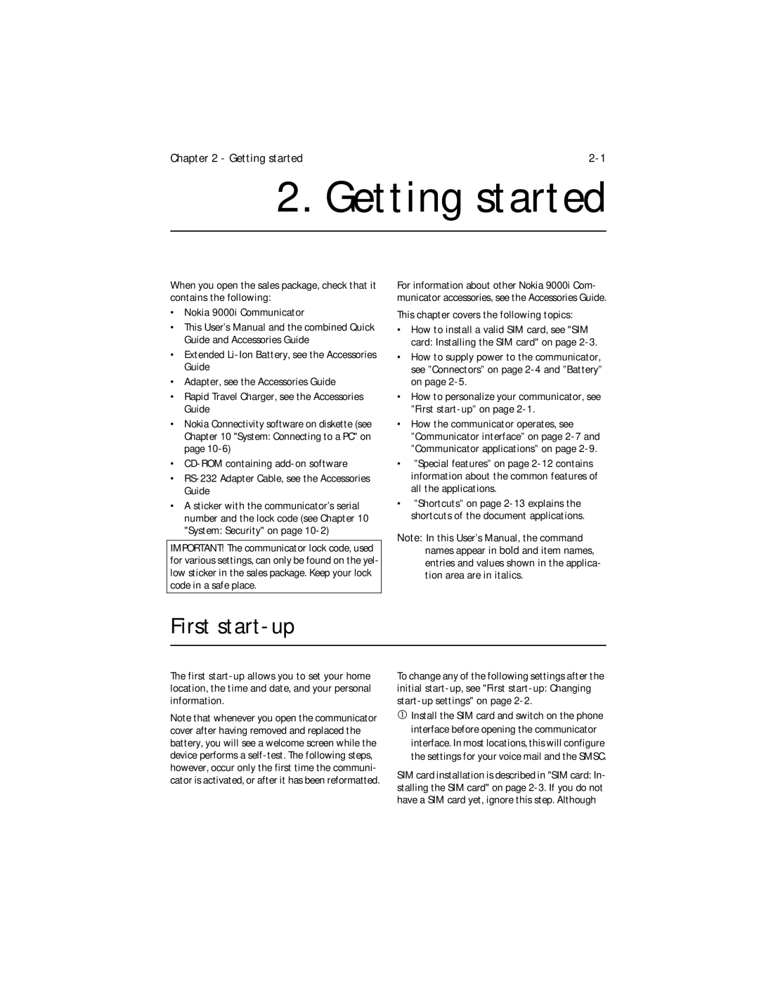 Nokia 9000i owner manual Getting started, First start-up, This chapter covers the following topics 