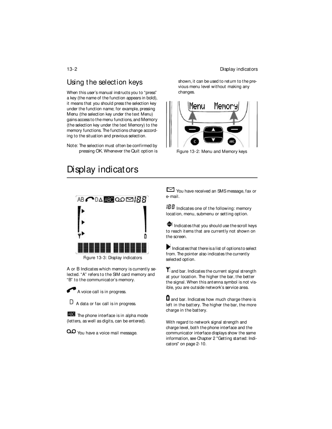 Nokia 9000i Display indicators, Using the selection keys, 13-2, Voice call is in progress Data or fax call is in progress 