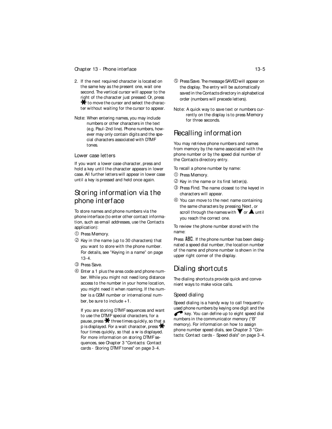 Nokia 9000i owner manual Recalling information, Dialing shortcuts, Phone interface 13-5, Lower case letters, Speed dialing 