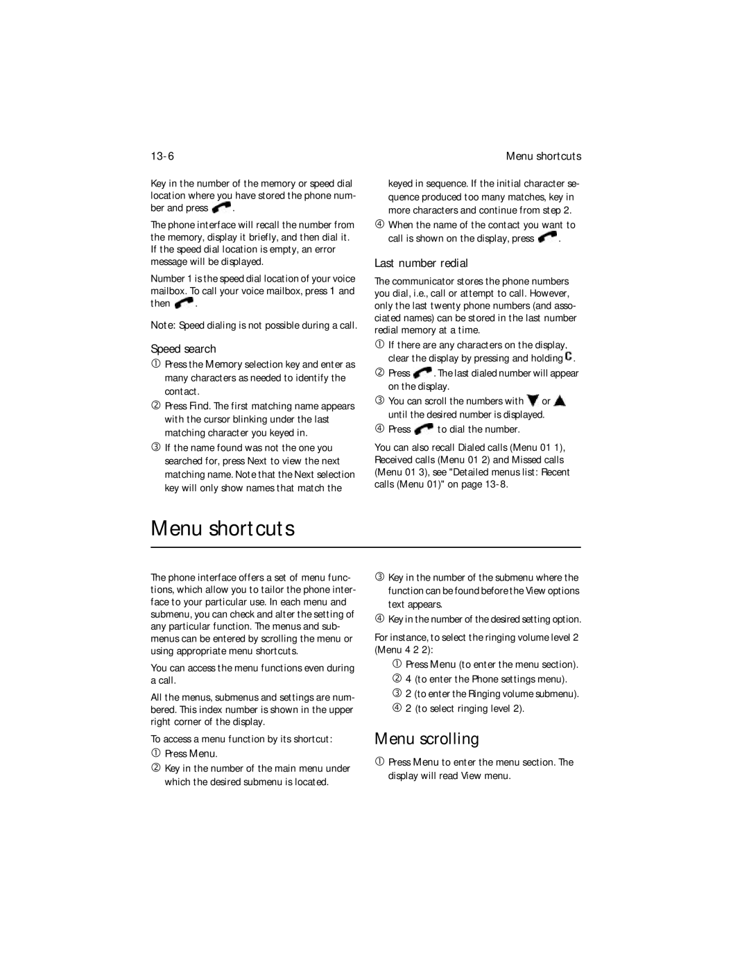 Nokia 9000i owner manual Menu shortcuts, Menu scrolling, 13-6, Speed search, Last number redial 