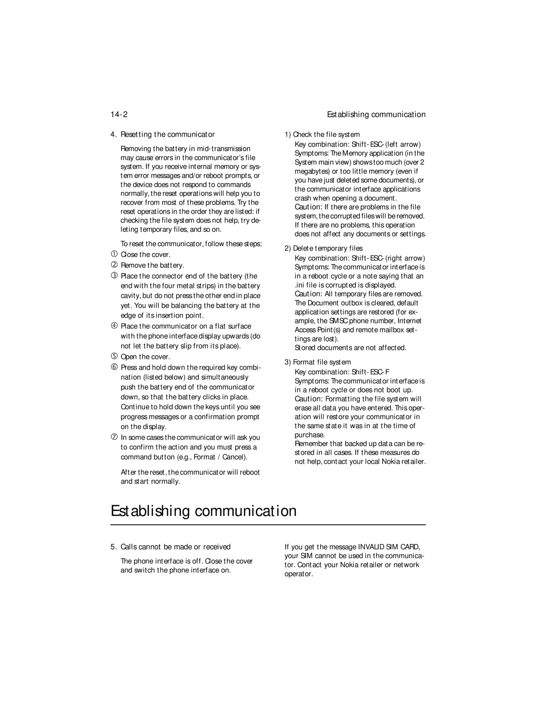 Nokia 9000i owner manual Establishing communication, 14-2, Resetting the communicator, Calls cannot be made or received 