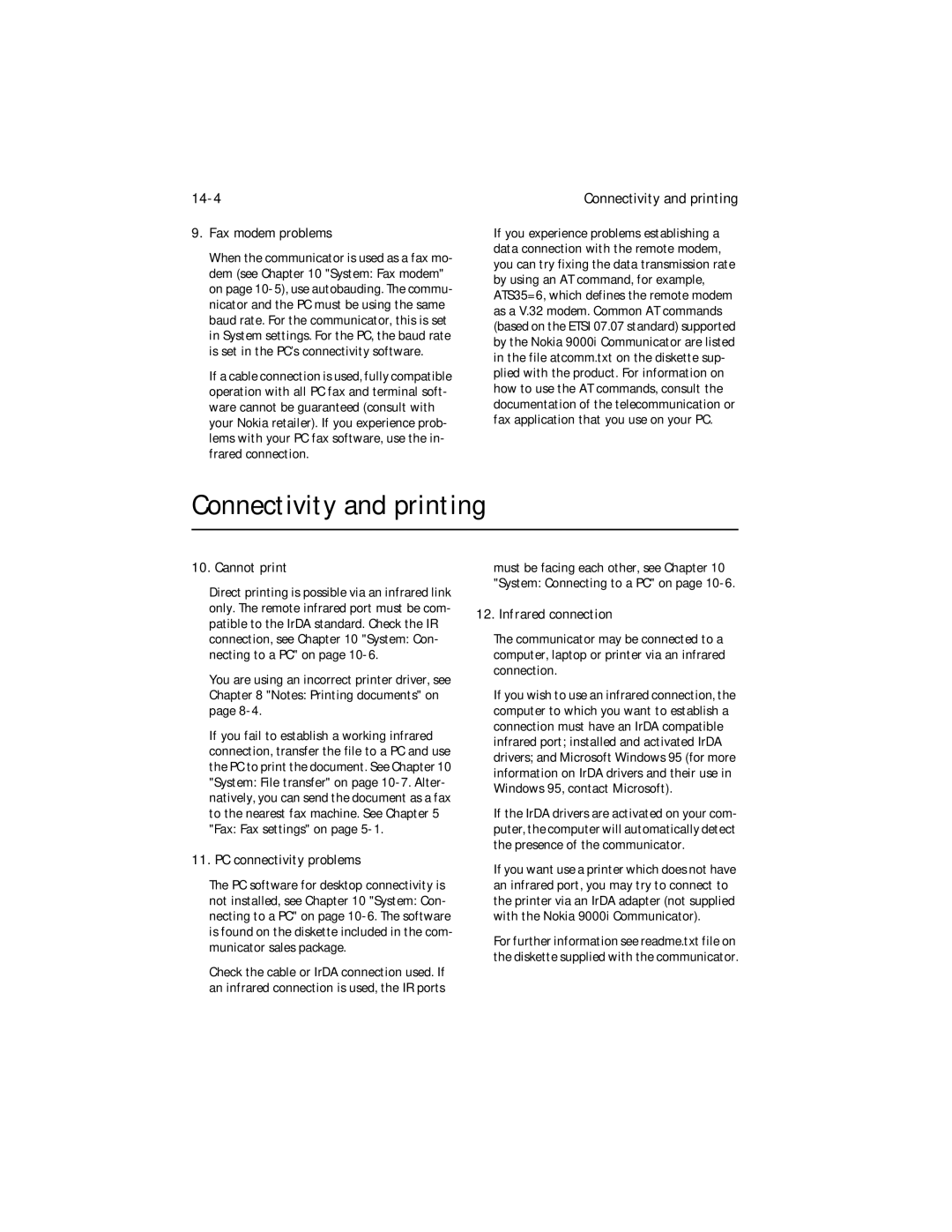 Nokia 9000i owner manual Connectivity and printing, 14-4 