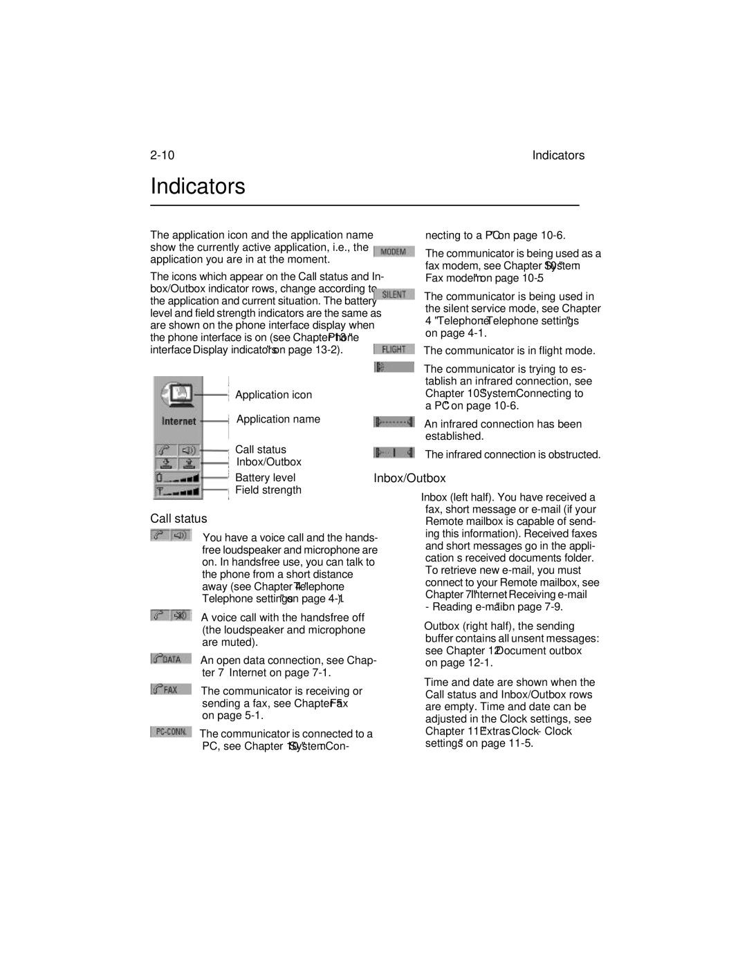 Nokia 9000i owner manual Indicators, Call status, Inbox/Outbox, Necting to a PC on, Communicator is in flight mode 